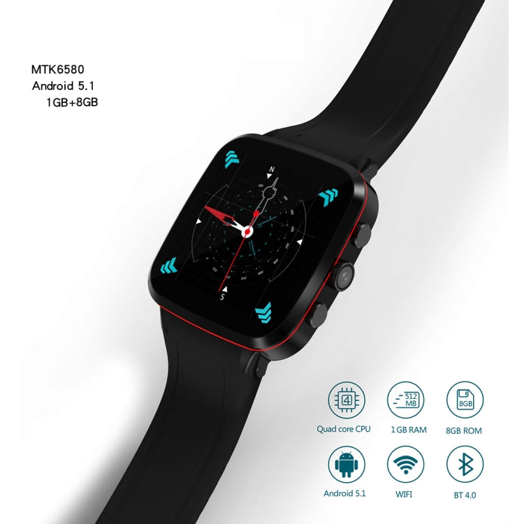 N8 Smart Watch Phone, 1GB+8GB, 1.54 inch IPS Screen Android 5.1 MTK6580 Quad Core 1.3GHz, Silicone Watch Band, Bluetooth4.0, Network: 3G, Support Heart Rate Monitor & Pedometer & GPS & WiFi & Music
