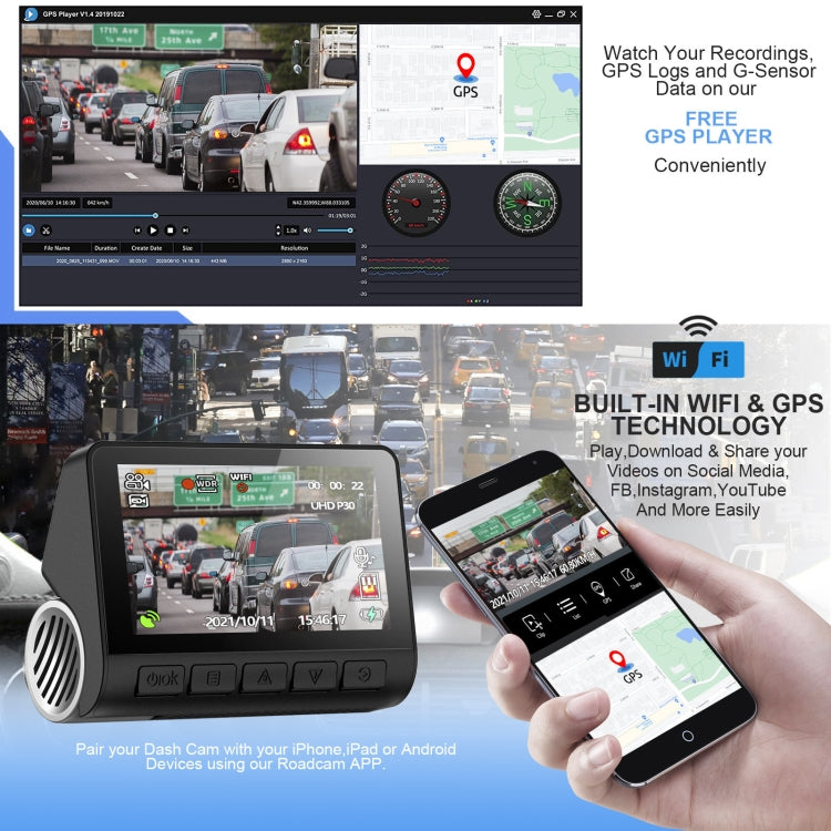 V55 Dual-lens 2K+1080P Car Dash Camera Driving Recorder, Car Buck Line Version with WiFi&GPS