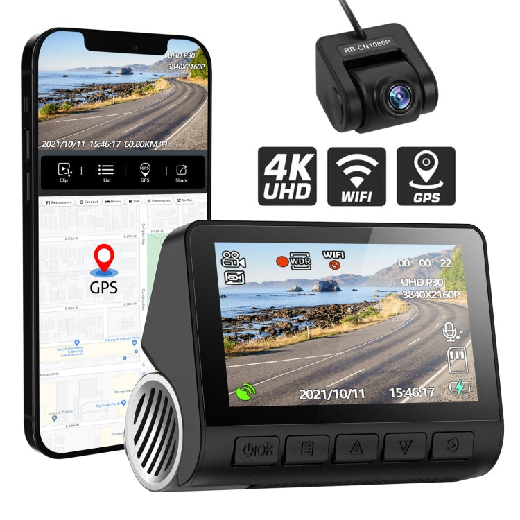 V55 Pro Dual-lens 4K+1080P Car Dash Camera Driving Recorder, Car Charger Version with WiFi&GPS