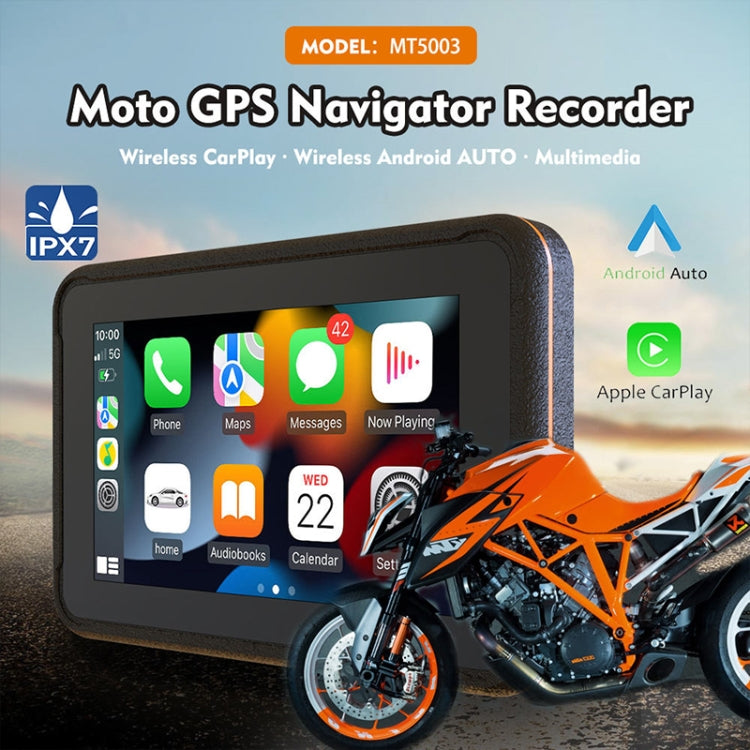 P501M Motorcycles Portable Waterproof IPX7 5 inch Wireless Carplay GPS Navigator, with Driving Recorder