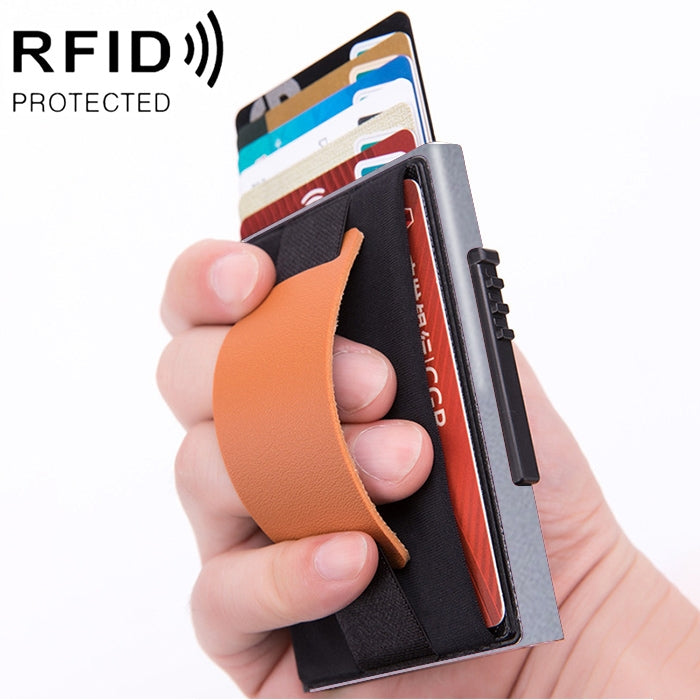 X-32C Automatically Pop-up Card Type Anti-magnetic RFID Anti-theft Men Aluminum Alloy A Dial Button Elastic Bag Wallet with PU Leather Strap