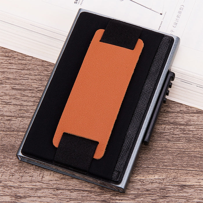 X-32C Automatically Pop-up Card Type Anti-magnetic RFID Anti-theft Men Aluminum Alloy A Dial Button Elastic Bag Wallet with PU Leather Strap
