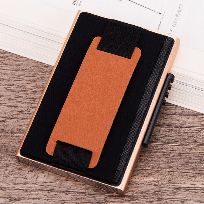 X-32C Automatically Pop-up Card Type Anti-magnetic RFID Anti-theft Men Aluminum Alloy A Dial Button Elastic Bag Wallet with PU Leather Strap