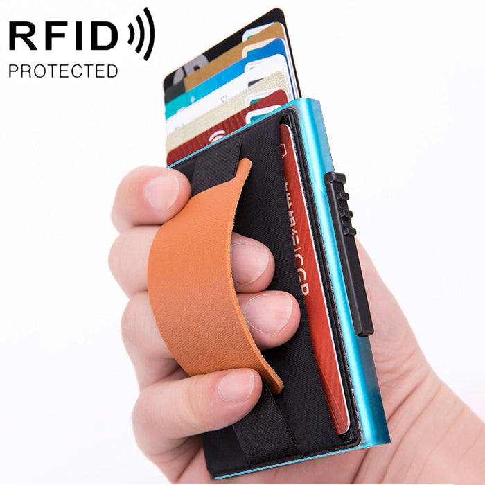 X-32C Automatically Pop-up Card Type Anti-magnetic RFID Anti-theft Men Aluminum Alloy A Dial Button Elastic Bag Wallet with PU Leather Strap