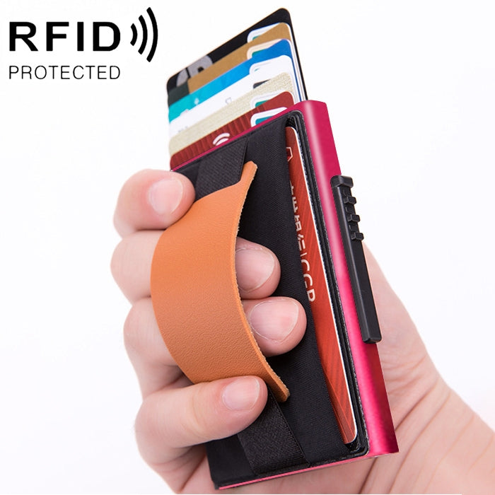 X-32C Automatically Pop-up Card Type Anti-magnetic RFID Anti-theft Men Aluminum Alloy A Dial Button Elastic Bag Wallet with PU Leather Strap