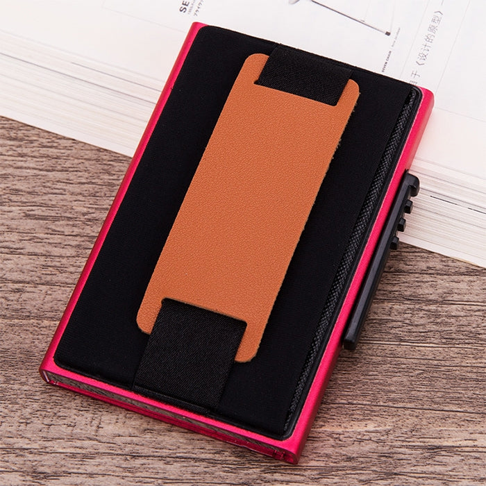 X-32C Automatically Pop-up Card Type Anti-magnetic RFID Anti-theft Men Aluminum Alloy A Dial Button Elastic Bag Wallet with PU Leather Strap