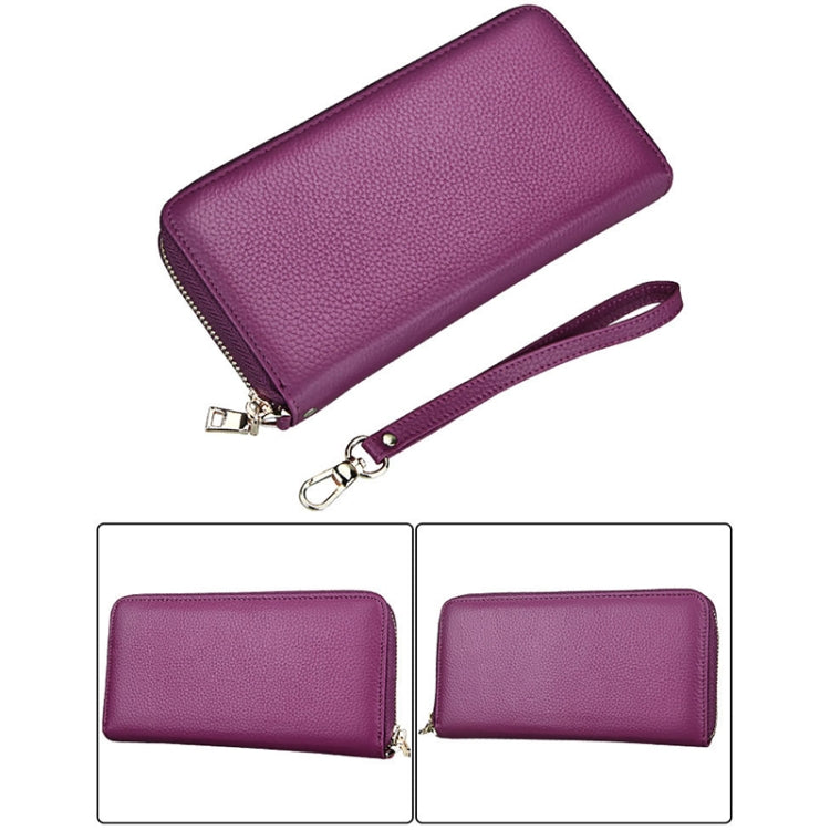 Genuine Cowhide Leather Litchi Texture Zipper Long Style Card Holder Wallet RFID Blocking Coin Purse Card Bag Protect Case with Hand Strap for Women, Size: 20*10.5*3cm