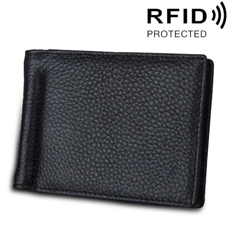 Cowhide Leather Litchi Texture Card Holder Wallet RFID Blocking Coin Purse Card Bag Protect Case with 6 Card Slots, Size: 110*82*8mm