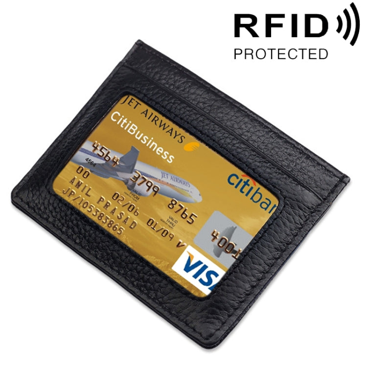 Cowhide Leather Litchi Texture Open Type Solid Color Card Holder RFID Blocking Card Bag Protective Case