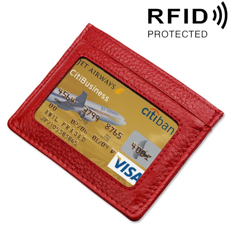 Cowhide Leather Litchi Texture Open Type Solid Color Card Holder RFID Blocking Card Bag Protective Case
