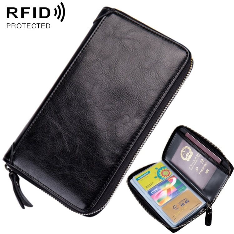 Multi-function Genuine Leather Long Style Zipper Solid Color Card Holder Wallet RFID Blocking Certificate Passport Bag Protect Case, Size: 19.5*11.0*2.5cm