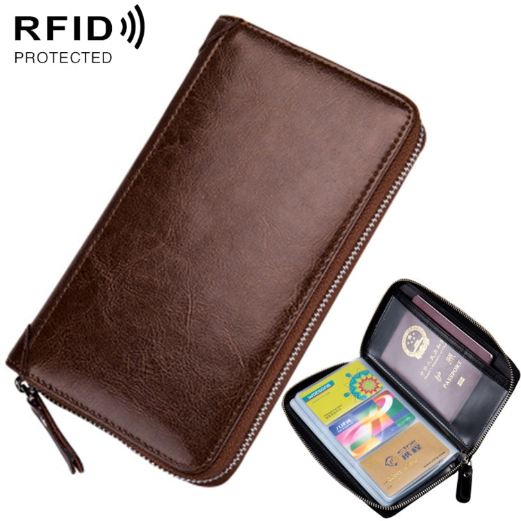 Multi-function Genuine Leather Long Style Zipper Solid Color Card Holder Wallet RFID Blocking Certificate Passport Bag Protect Case, Size: 19.5*11.0*2.5cm