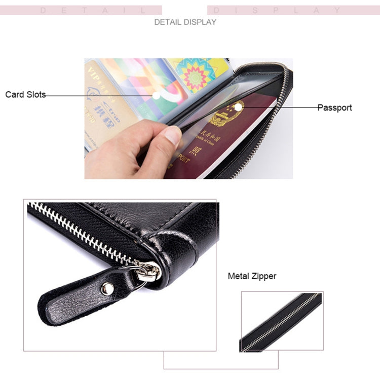 Multi-function Genuine Leather Long Style Zipper Solid Color Card Holder Wallet RFID Blocking Certificate Passport Bag Protect Case, Size: 19.5*11.0*2.5cm