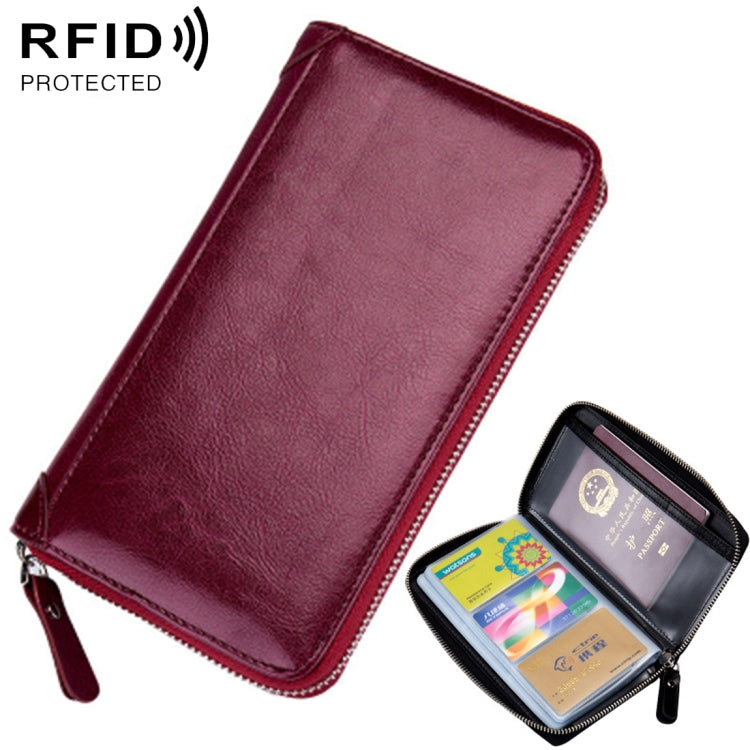 Multi-function Genuine Leather Long Style Zipper Solid Color Card Holder Wallet RFID Blocking Certificate Passport Bag Protect Case, Size: 19.5*11.0*2.5cm