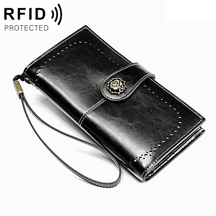 3526 Vintage Oil Wax Texture Large Capacity Long Multi-function Anti-magnetic RFID Wallet Clutch for Ladies