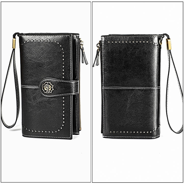 3526 Vintage Oil Wax Texture Large Capacity Long Multi-function Anti-magnetic RFID Wallet Clutch for Ladies
