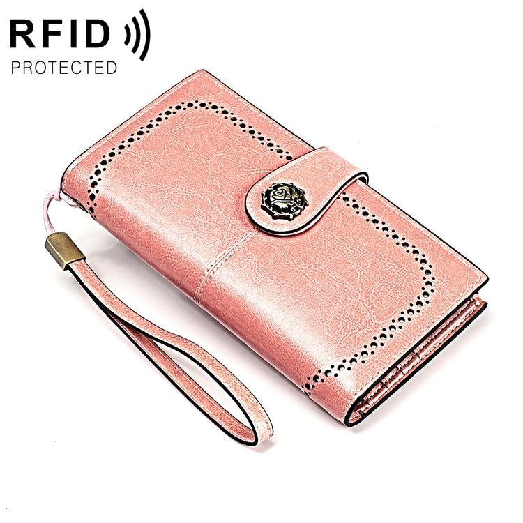 3526 Vintage Oil Wax Texture Large Capacity Long Multi-function Anti-magnetic RFID Wallet Clutch for Ladies