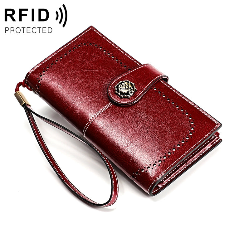 3526 Vintage Oil Wax Texture Large Capacity Long Multi-function Anti-magnetic RFID Wallet Clutch for Ladies