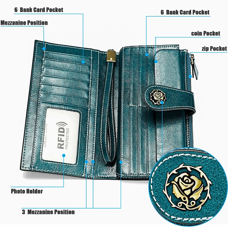 3526 Vintage Oil Wax Texture Large Capacity Long Multi-function Anti-magnetic RFID Wallet Clutch for Ladies