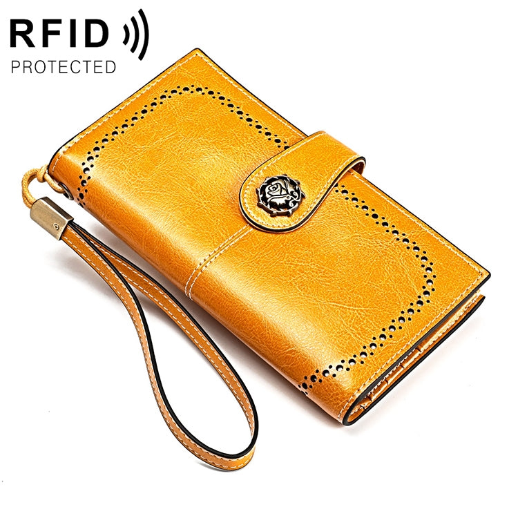 3526 Vintage Oil Wax Texture Large Capacity Long Multi-function Anti-magnetic RFID Wallet Clutch for Ladies
