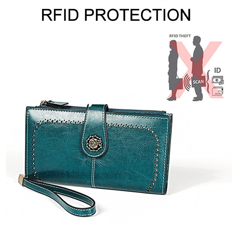 3526 Vintage Oil Wax Texture Large Capacity Long Multi-function Anti-magnetic RFID Wallet Clutch for Ladies