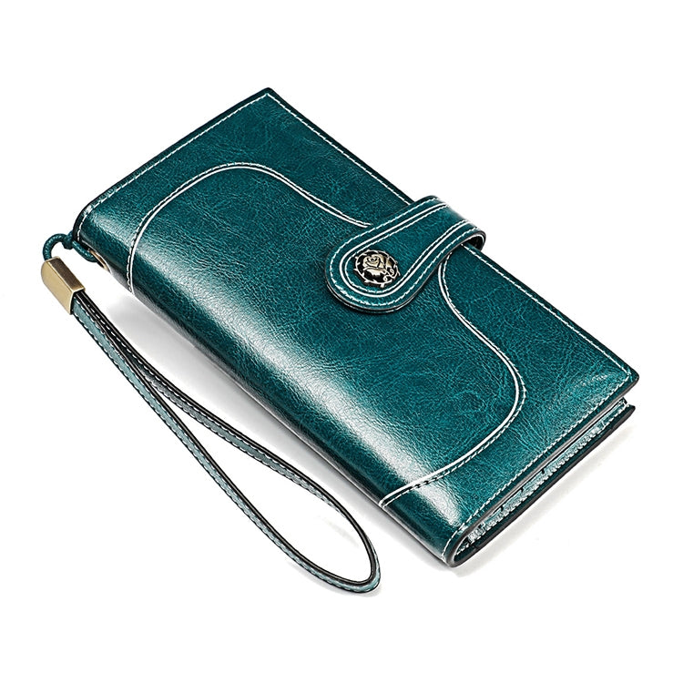 3527 Vintage Oil Wax Texture Large Capacity Long Multi-function Anti-magnetic RFID Wallet Clutch for Ladies