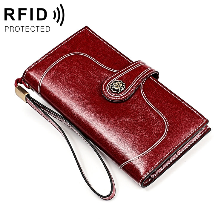 3527 Vintage Oil Wax Texture Large Capacity Long Multi-function Anti-magnetic RFID Wallet Clutch for Ladies