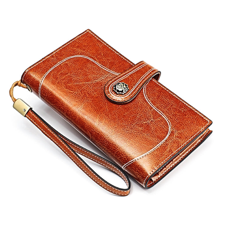 3527 Vintage Oil Wax Texture Large Capacity Long Multi-function Anti-magnetic RFID Wallet Clutch for Ladies