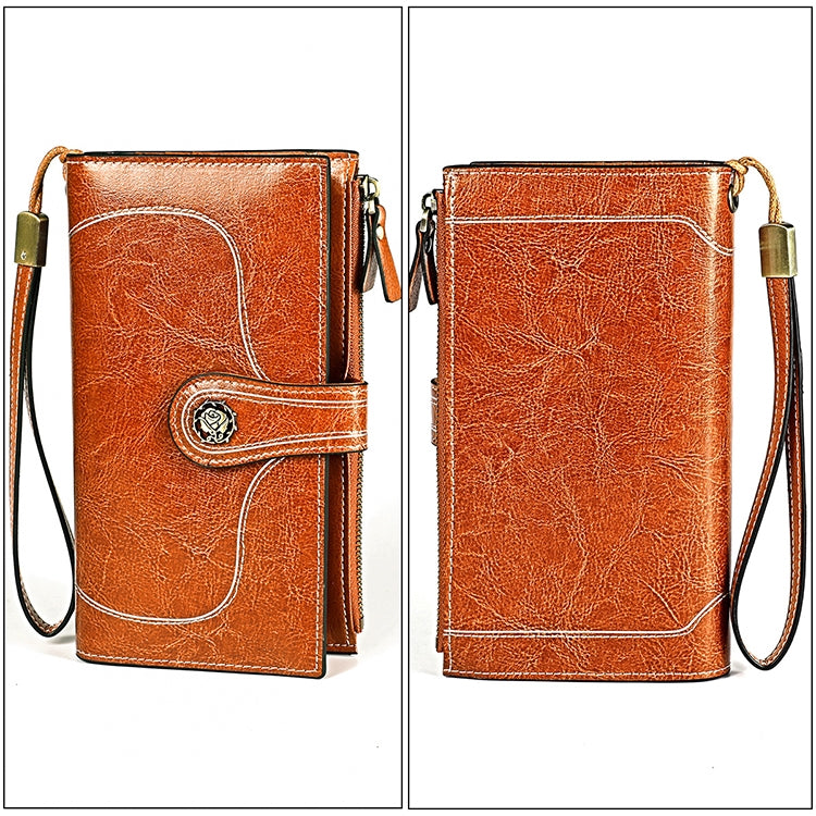 3527 Vintage Oil Wax Texture Large Capacity Long Multi-function Anti-magnetic RFID Wallet Clutch for Ladies