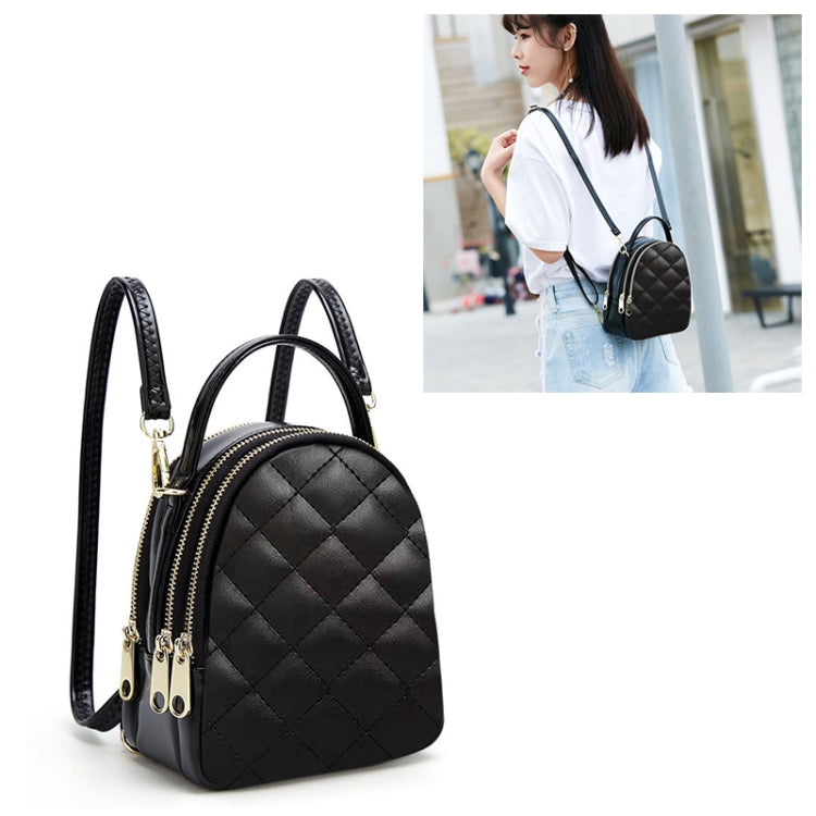 Rhombus Texture PU Leather Double Shoulder School Bag Travel Backpack, Size: L (Black)