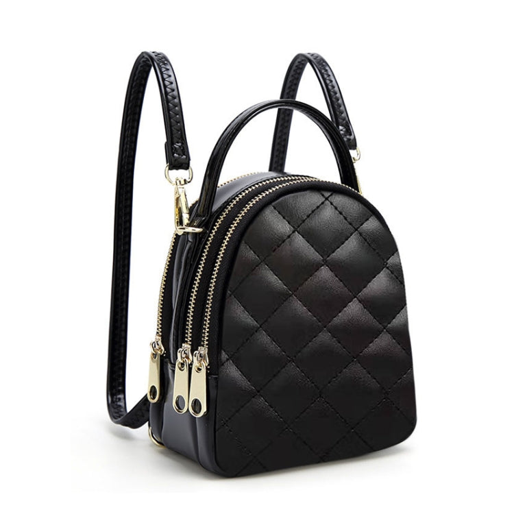 Rhombus Texture PU Leather Double Shoulder School Bag Travel Backpack, Size: L (Black)