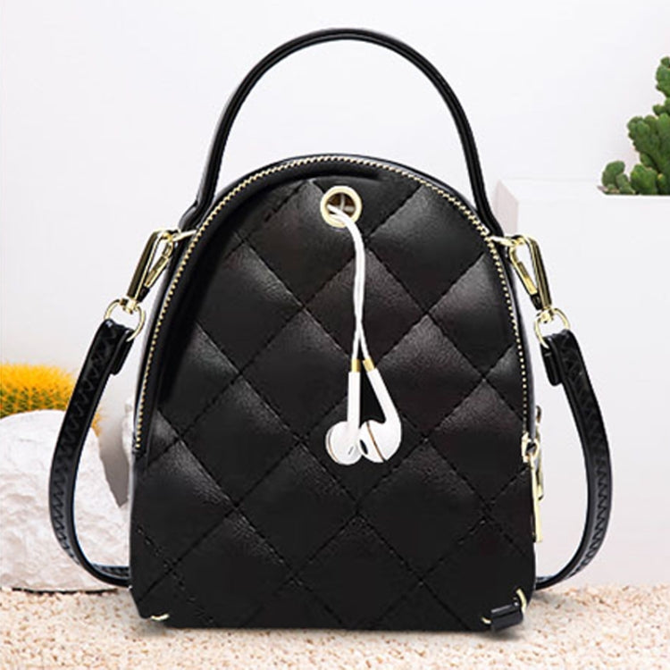Rhombus Texture PU Leather Double Shoulder School Bag Travel Backpack, Size: L (Black)