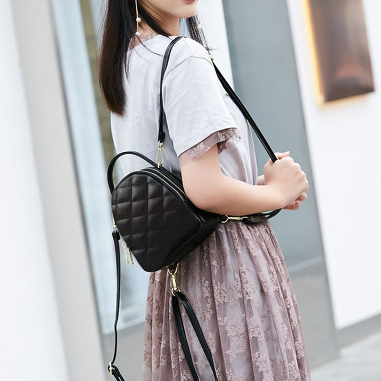 Rhombus Texture PU Leather Double Shoulder School Bag Travel Backpack, Size: L (Black)