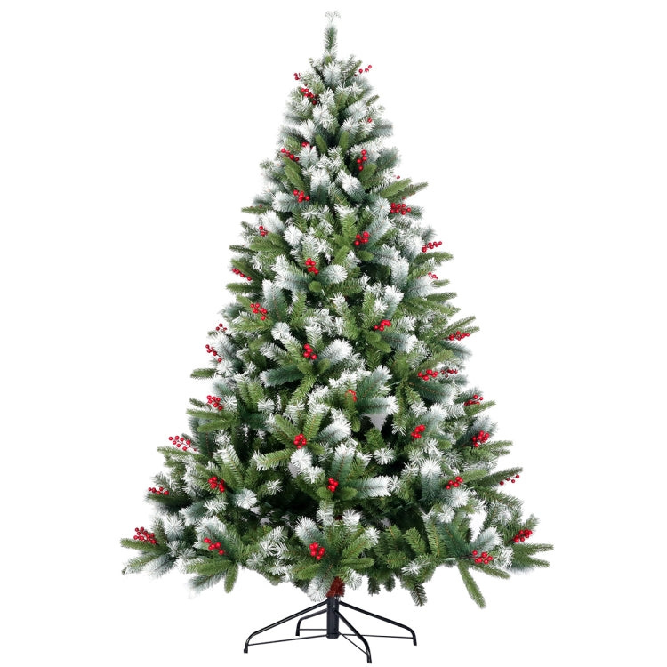[US Warehouse] 7.5FT Foldable Stand Artificial Christmas Tree Flocked Pine Needle Tree with Cones Red Berries