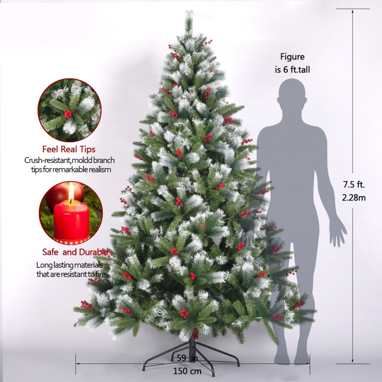 [US Warehouse] 7.5FT Foldable Stand Artificial Christmas Tree Flocked Pine Needle Tree with Cones Red Berries