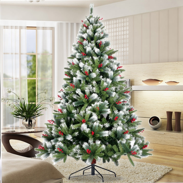 [US Warehouse] 7.5FT Foldable Stand Artificial Christmas Tree Flocked Pine Needle Tree with Cones Red Berries