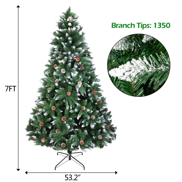 [US Warehouse] 7FT Indoor Outdoor Christmas Holiday Decoration Flocking Spray White Christmas Tree with 1350 Branches & Pine Cones