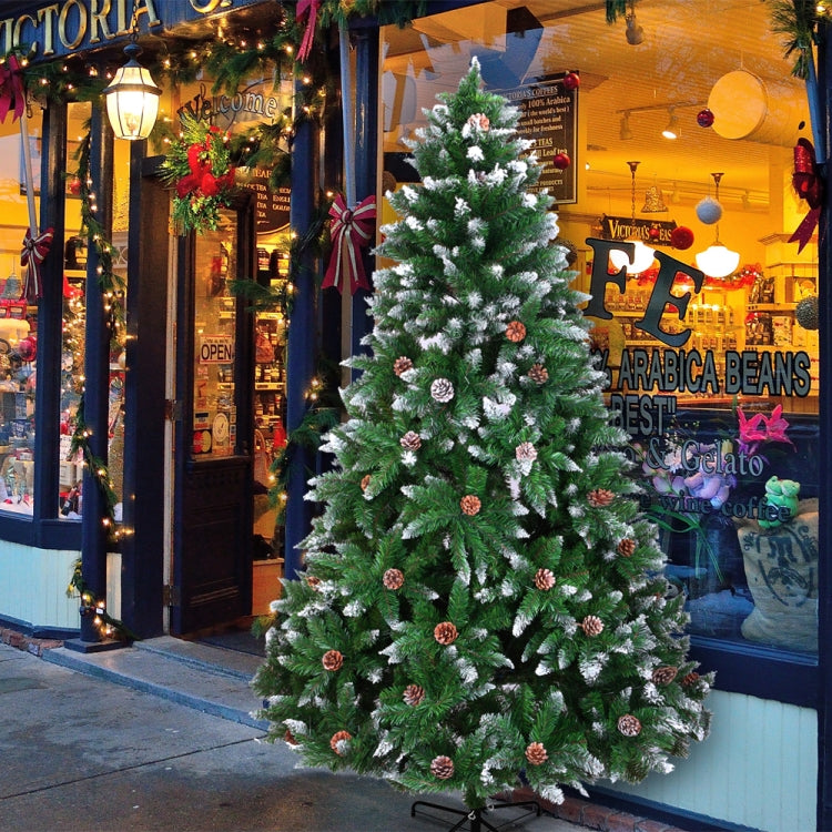 [US Warehouse] 7FT Indoor Outdoor Christmas Holiday Decoration Flocking Spray White Christmas Tree with 1350 Branches & Pine Cones