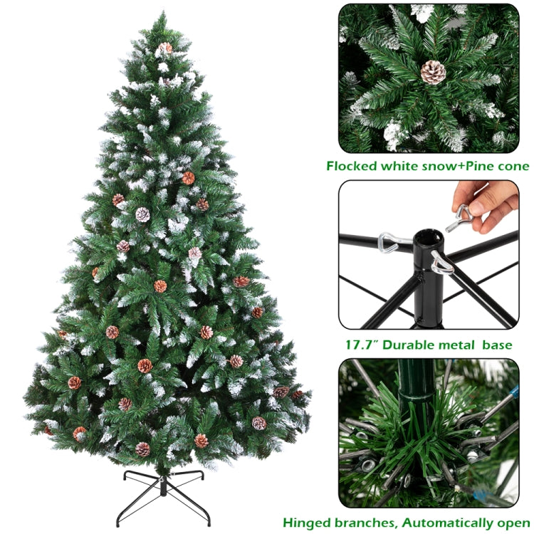 [US Warehouse] 7FT Indoor Outdoor Christmas Holiday Decoration Flocking Spray White Christmas Tree with 1350 Branches & Pine Cones