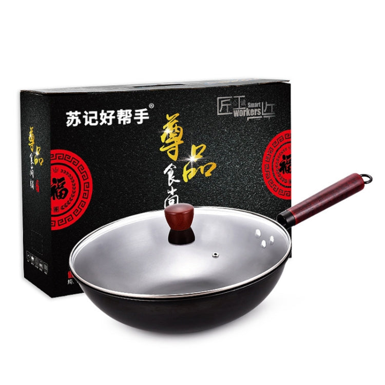 Fast Heating Non-coated Non-stick Flat-bottomed Wok Fine Iron Pan for Gas Stove Induction Cooker, Mouth Diameter: 32cm