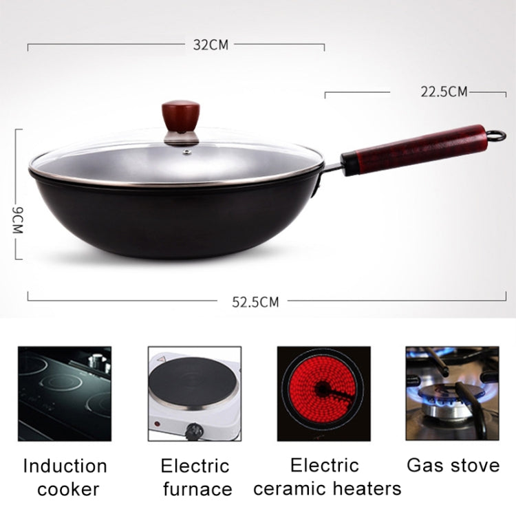 Fast Heating Non-coated Non-stick Flat-bottomed Wok Fine Iron Pan for Gas Stove Induction Cooker, Mouth Diameter: 32cm