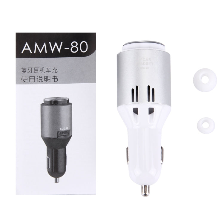 AMW-80 2 in 1 Wireless Bluetooth 4.1 Stereo In-ear Earphone Headset + Single 2.4A USB Fast Charging Port Car Charger for Smartphones, Bluetooth Distance: About 10m