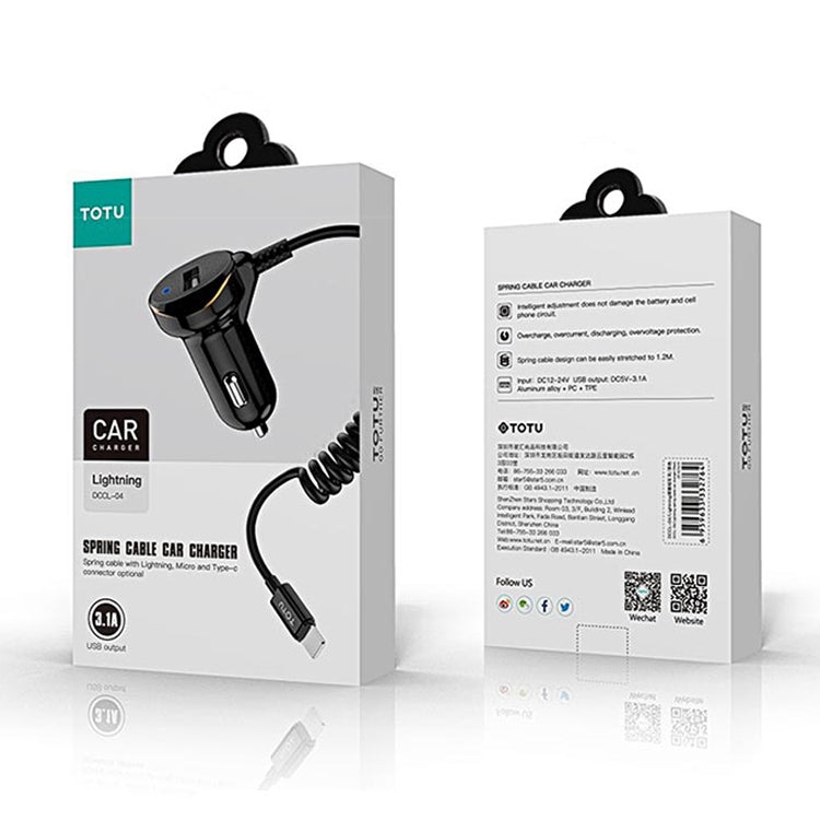 TOTUDESIGN DCCL-04 3.1A Single Ports Android Wired Smart Car Charger, Longest: about 1m, Shortest: about 30cm, For Galaxy, Sony, Lenovo, HTC, Huawei, and other Smartphones