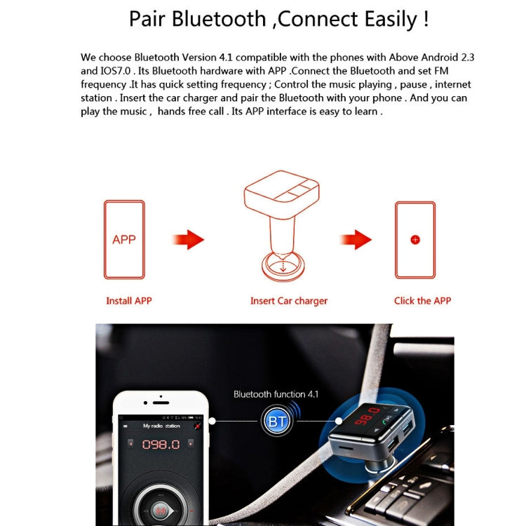 BC12 Dual USB Car Charger Bluetooth FM Transmitter Kit with APP Function, Support LCD Display / TF Card Music Play / Hands-free