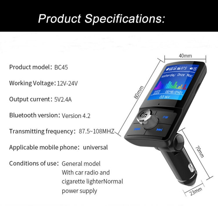 BC-45 Bluetooth Car Kit FM Transmitter Car 2 USB Charger with LED Display, Support Handsfree Function & TF Card