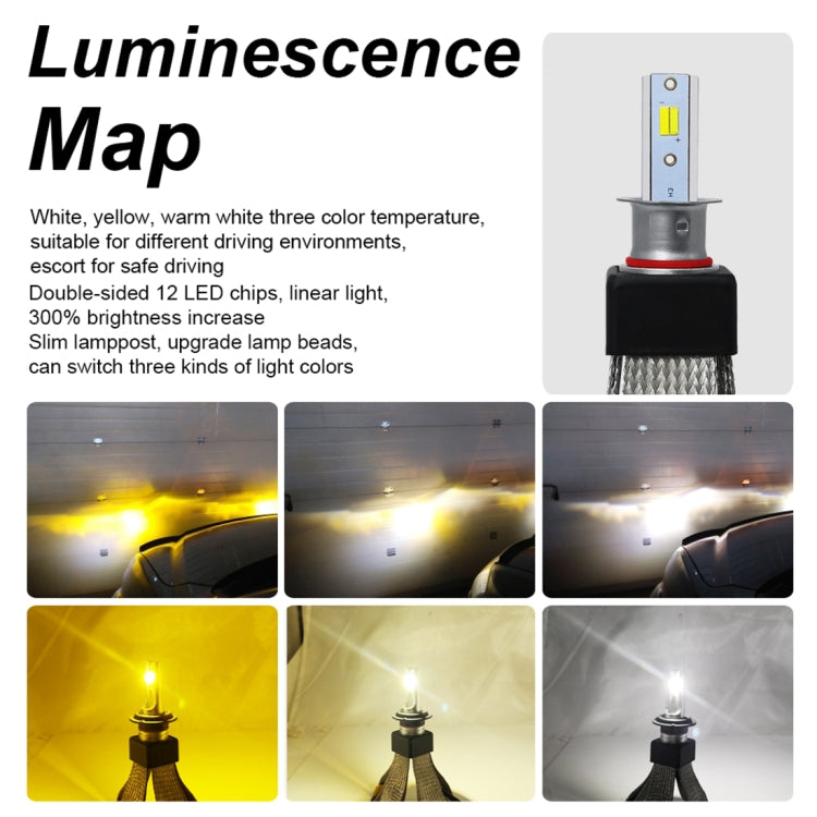 2 PCS T9 H3 9-36V / 25W / 3000K 4300K 6000K / 3000LM IP68 Car Triple Color LED Headlight Lamps