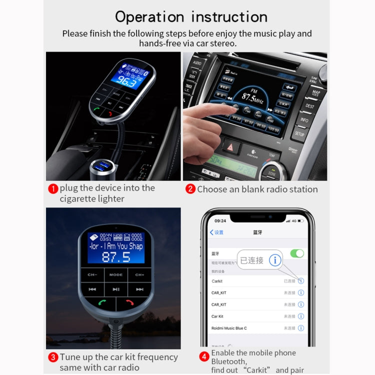 BC37 Dual USB Charging Smart Bluetooth FM Transmitter MP3 Music Player Car Kit, Support Hands-Free Call & TF Card & U Disk(Black)