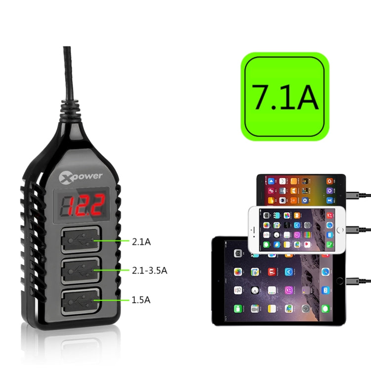 XPower E1 Universal Car LED Digital Display Screen 3 USB Port Charger DC12-24V 7.1A, Cable Length: 1.5m