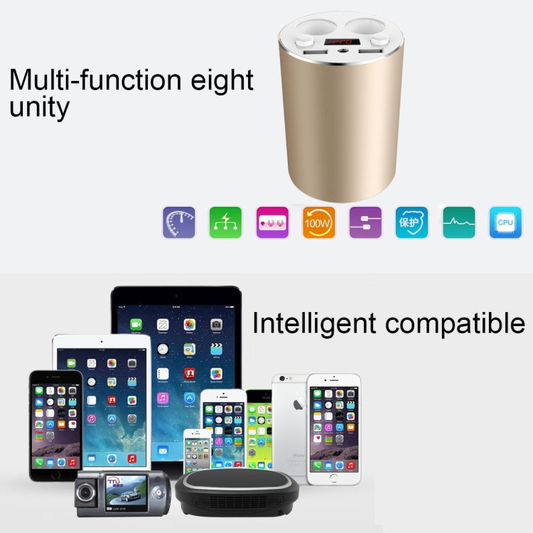 Cup Holder Style Dual USB Multifunctional Car Charger / Cigarette Lighter(Gold)