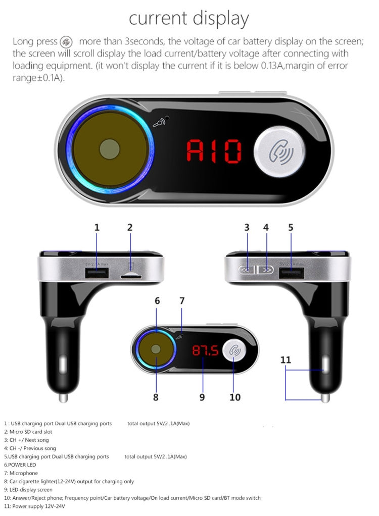 BC09B Dual USB Car Charger Cigarette Lighter Socket Bluetooth FM Transmitter Kit, Support LCD Display / TF Card Music Play / Hands-free